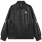 Black leather jacket with lapel collar and embroidery