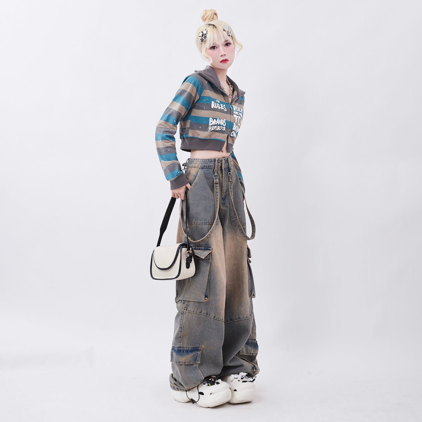 Hip Hop Mud Effect Washed Suspender Jeans