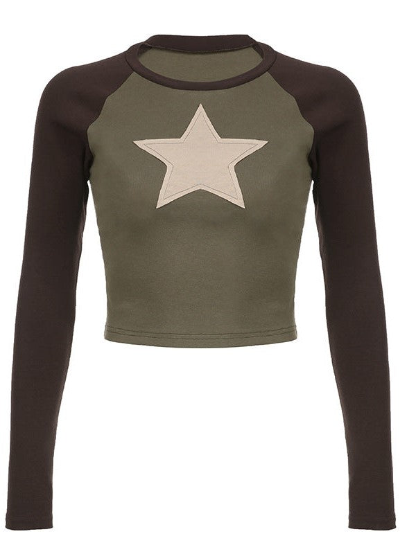 Contrast Y2K Raglan Sleeve Star Patch Crop Top