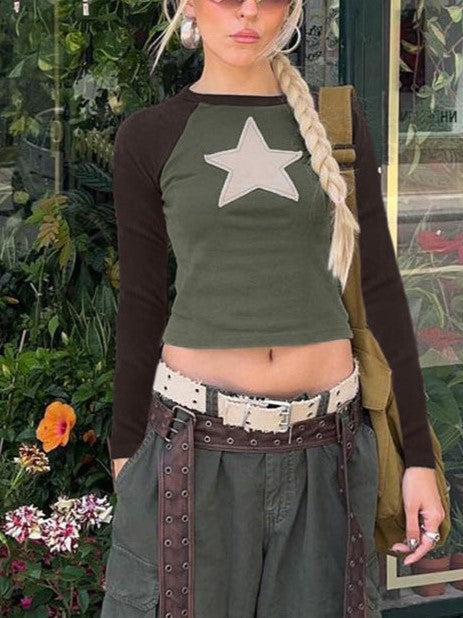 Contrast Y2K Raglan Sleeve Star Patch Crop Top