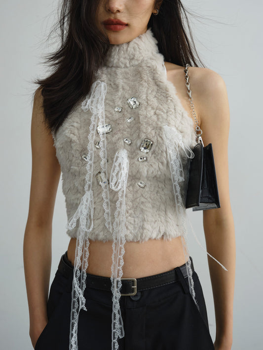 Beige Fur Lace Tassel Sleeveless Crop Top