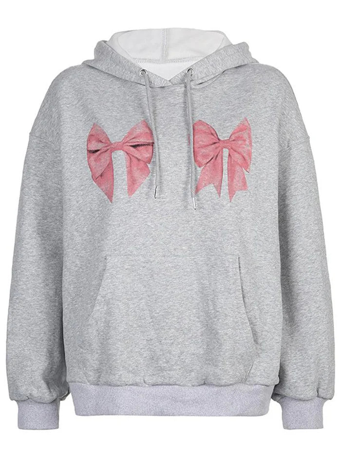 Grey Y2K oversized bow print drawstring hoodie