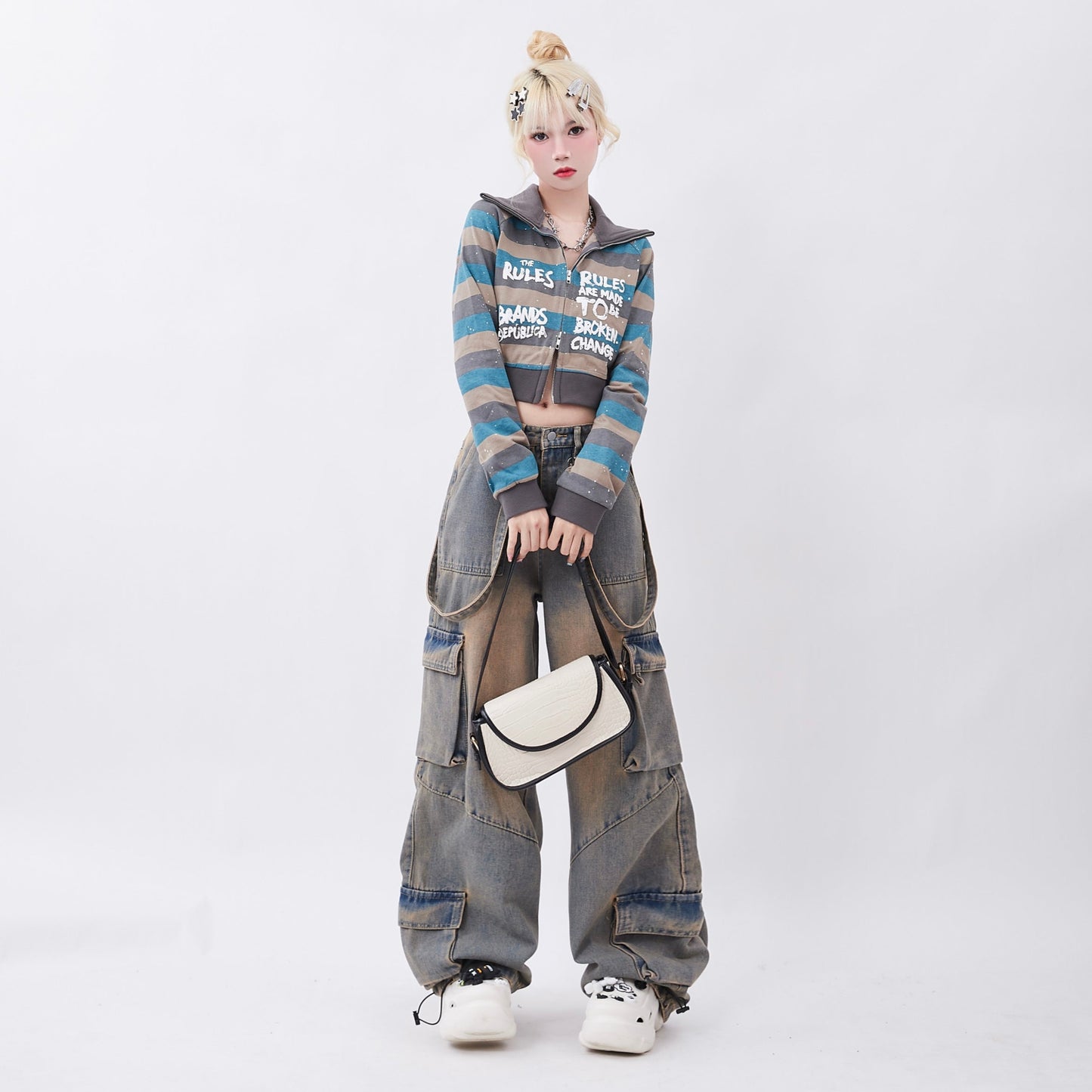 Hip Hop Mud Effect Washed Suspender Jeans