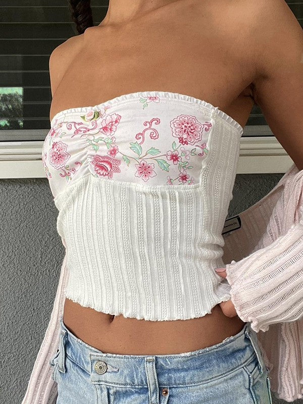 Cute Floral Knitted Bandeau Top with Patchwork