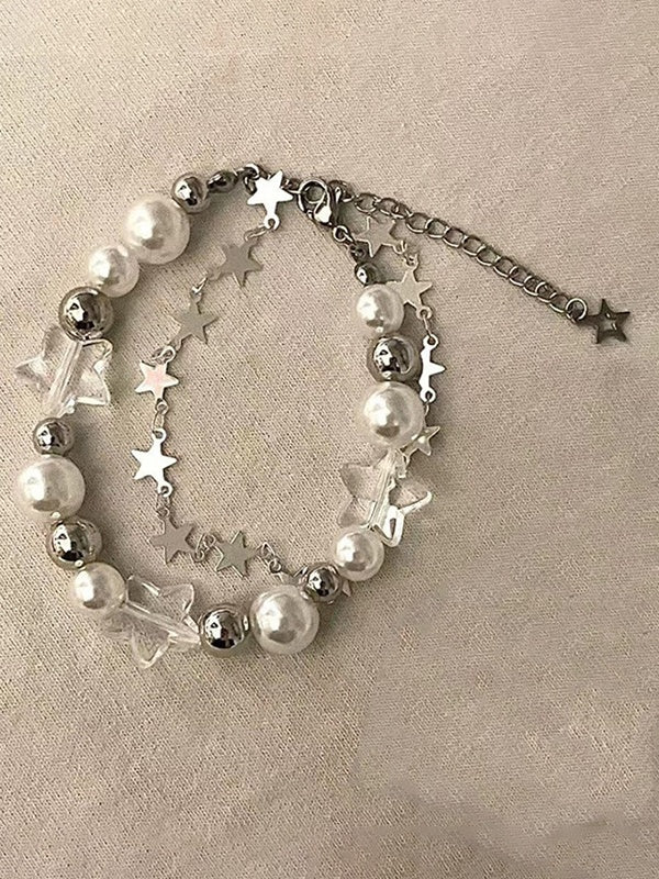 Vintage Star Faux Pearl Charm Double Row Bracelet