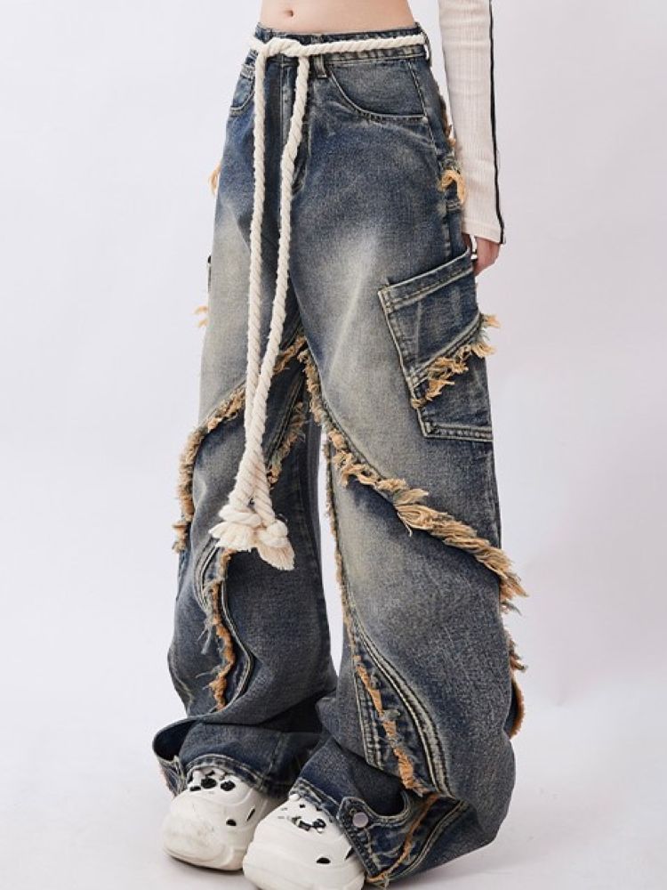 Raw Edge Design Patchwork Baggy Washed Jeans