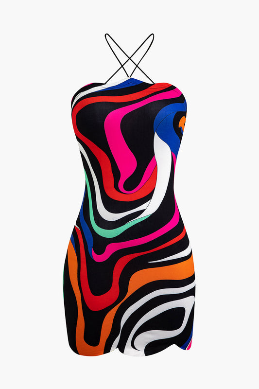 Vintage Abstract Pattern Cross Straps Tight Mini Dress