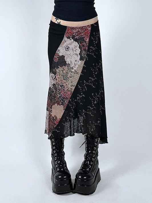 Irregular Vintage Splice Midi Skirt with Random Print