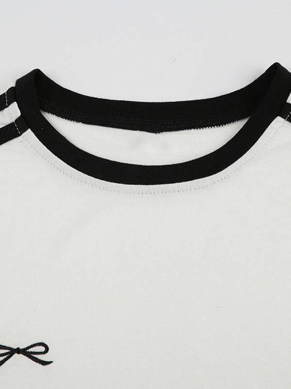 White Y2K Striped Embroidery Short Sleeve T-Shirt