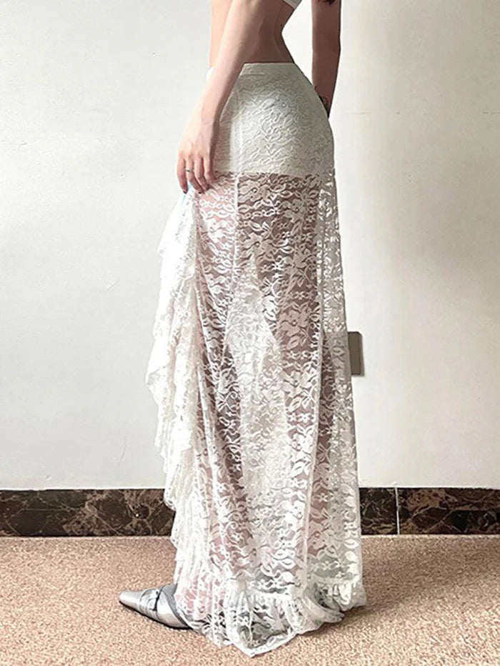 White Vintage Sheer Lace Midi Skirt