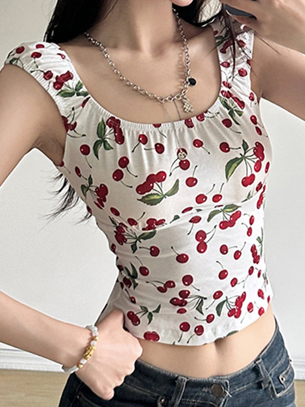 Y2k backless short sleeve crop top with cherry print