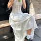 White French pleated slim midi dress with lace lacing