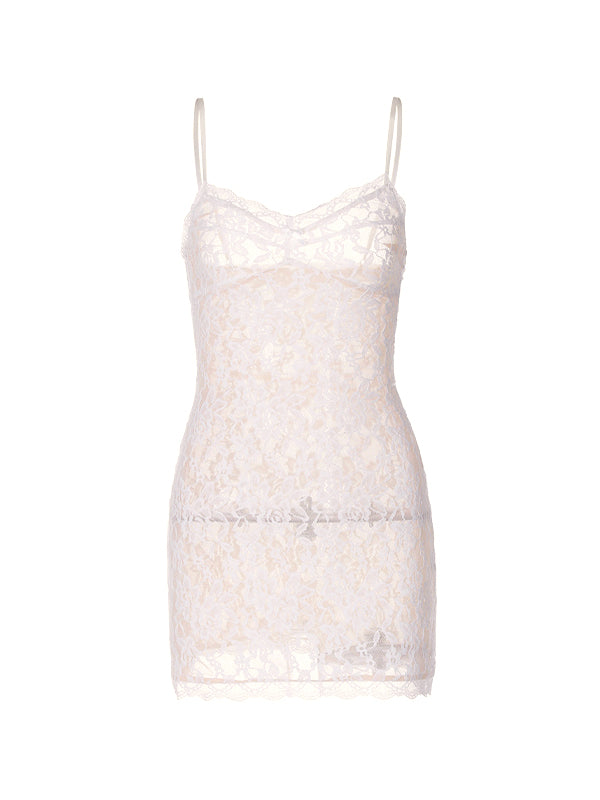 White vintage lace mini dress with see-through