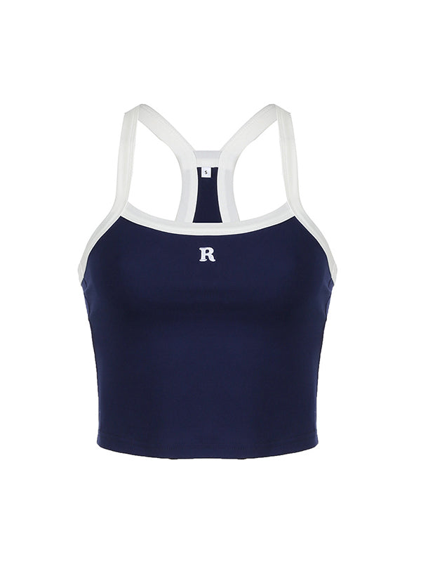 Navy Blue Retro Letter Embroidery Slim Fit Cami Crop Top