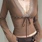 Vintage Brown Street Lace Up Long Sleeve Top