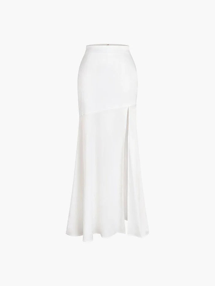 White French Satin Patchwork Slit Maxi Skirt