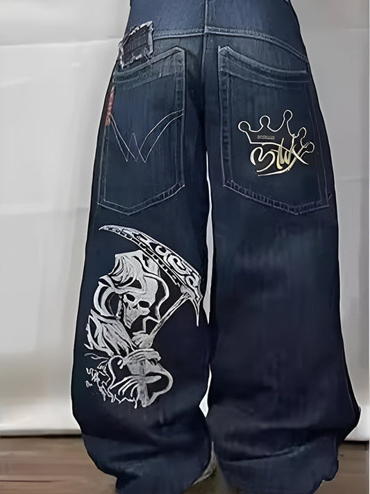 Blue Y2K Boyfriend Baggy Jeans with Personalized Pattern