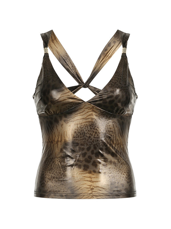 Backless vintage tank top with leopard print 