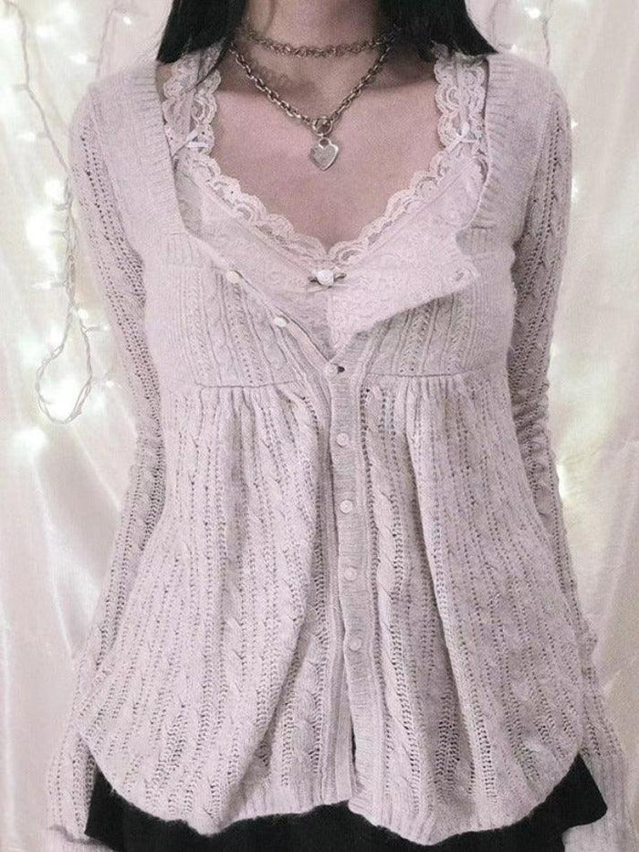 Beige Vintage Pointelle Cardigan with Square Neckline