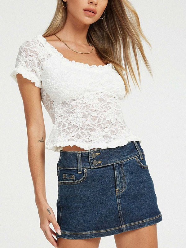 White French lace top with scoop neck and short sleeves