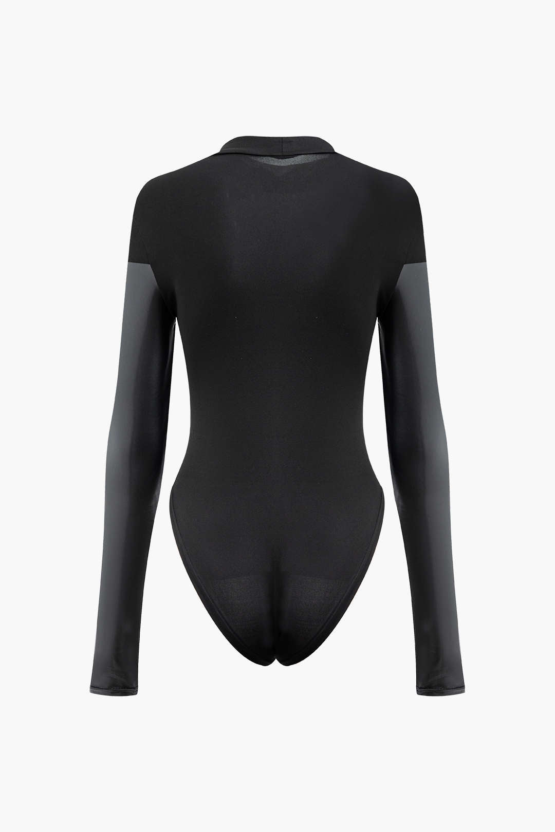 Black mock neck bodysuit with faux leather panels and long sleeves