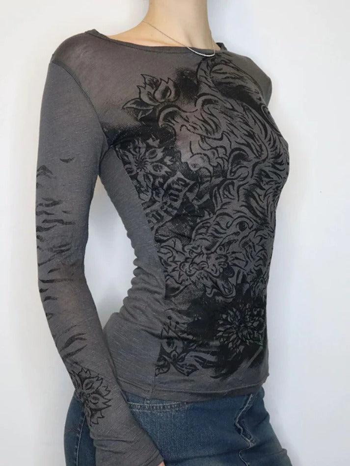 Dark grey punk graphic print long sleeve shirt