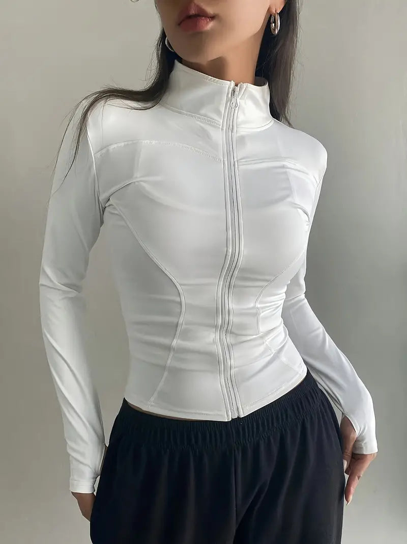 White Retro Zipper Stand Collar Top with Long Sleeves 