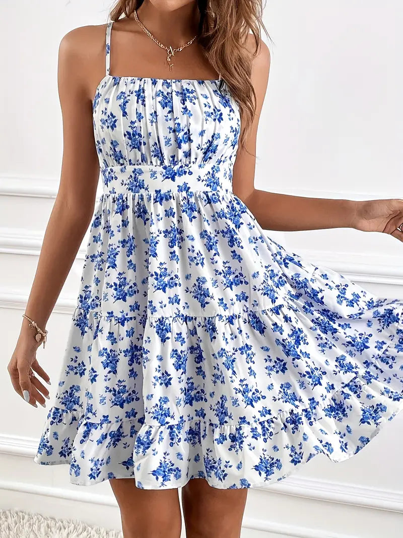 Vintage Floral Ruffle Sleeveless Cami Dress