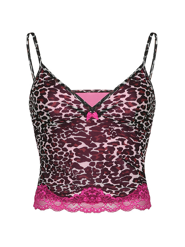 Vintage camisole top with lace trim and leopard print