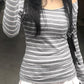 Vintage Striped One Shoulder Long Sleeve Top