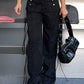 Black Hip Hop Low Waist Cargo Pants with Pockets and Ribbons