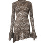 Vintage lace V neck mini dress with trumpet sleeves