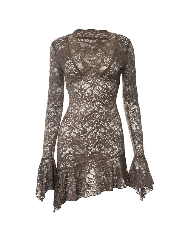 Vintage lace V neck mini dress with trumpet sleeves