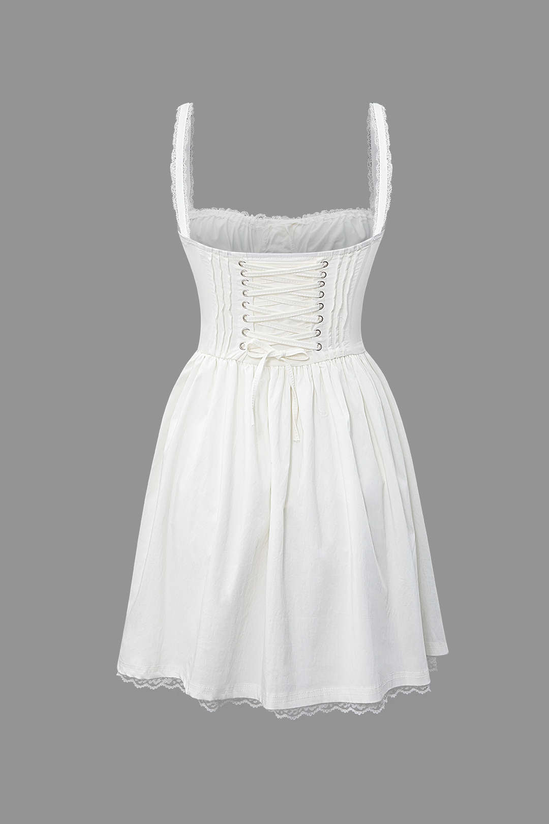 White lace trim mini dress with tie back