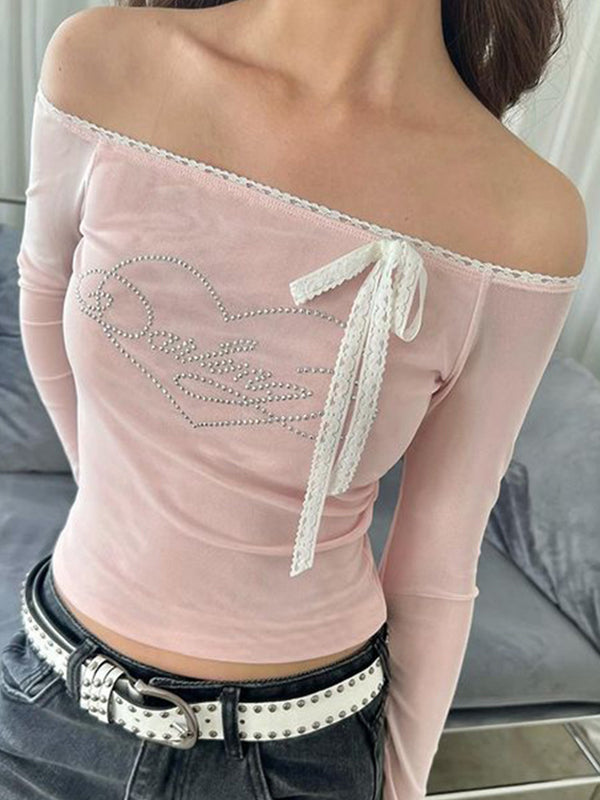 JY Vintage Lace Off Shoulder Heart Rhinestone Long Sleeve Tee/Vintage Lace Off Shoulder Heart Rhinestone Long Sleeve Shirt 