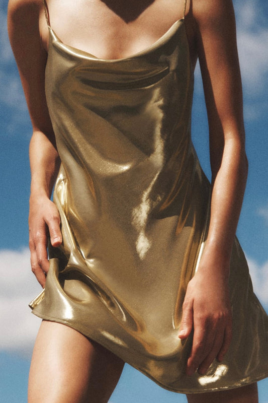 Y2K Cowl Neck Metallic Slip Mini Dress