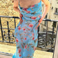 Blue vintage maxi dress with floral print and spaghetti straps