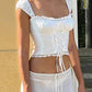 JY White Vintage Forest Tie Up Lace Trim Tank Crop Top / White Vintage Forest Tie Up Lace Trim Tank Crop Top