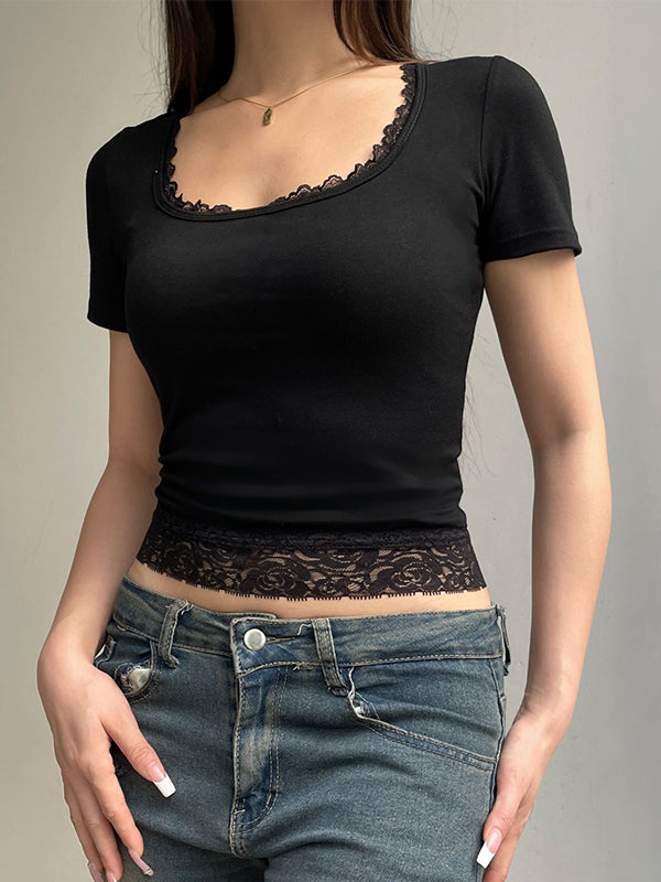 Short sleeve crop top with square neckline and lace inserts 