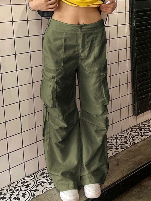 Green Hip Pop Low Rise Cargo Pants with Side Zipper