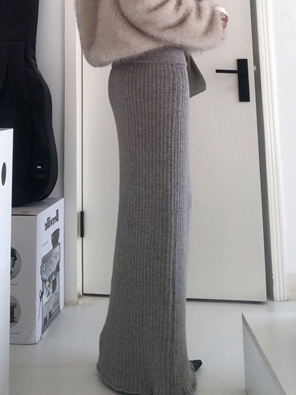 Grey Vintage Low Waist Maxi Skirt with Folded Waistband