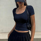 Navy Blue Y2K Crew Neck Crop Top 