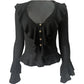 Solid color vintage V-neck ruffle long sleeve knit sweater
