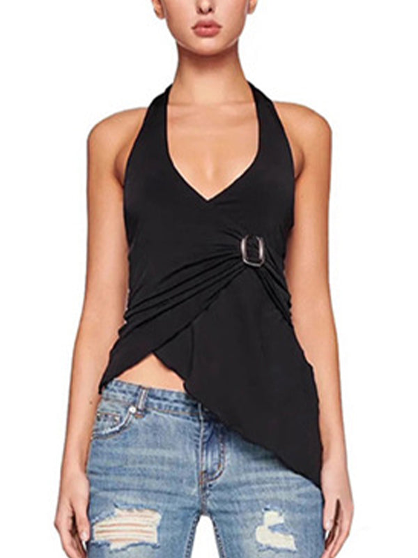 Black Asymmetrical Backless Halter Top with V-Neck