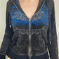 Grunge velvet hoodie with zipper and rhinestone pattern 