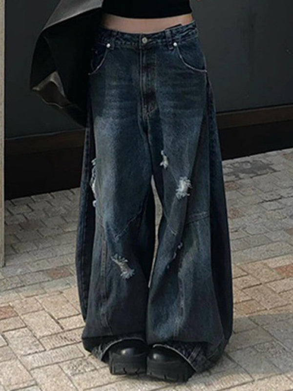 Blue Retro Distressed Wide Leg Boyfriend Jeans