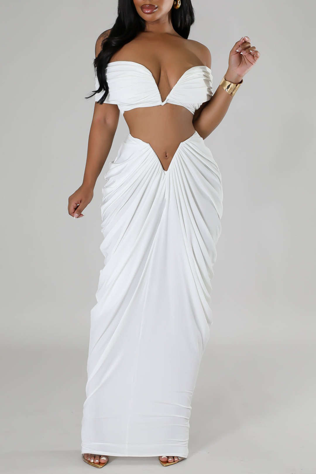 V Neck Gathered Top &amp; V Shaped Waist Cut Maxi Skirt Set