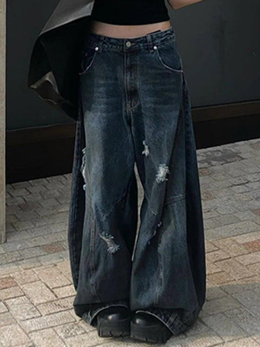 Blue Retro Distressed Wide Leg Boyfriend Jeans