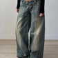 JY Punk Distressed Irregular Dividing Line Baggy Jeans/ Punk Ripped Asymmetric Dividing Line Baggy Jeans