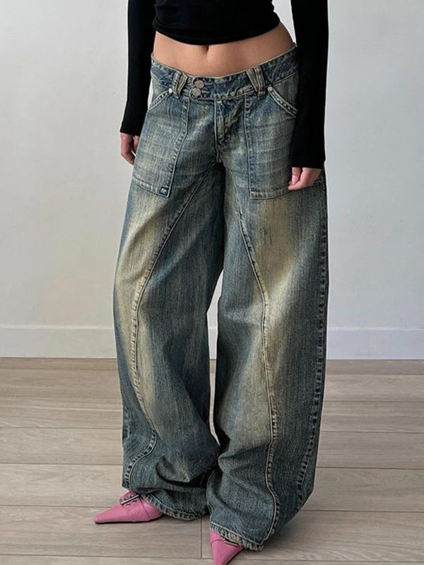 JY Punk Distressed Irregular Dividing Line Baggy Jeans/ Punk Ripped Asymmetric Dividing Line Baggy Jeans